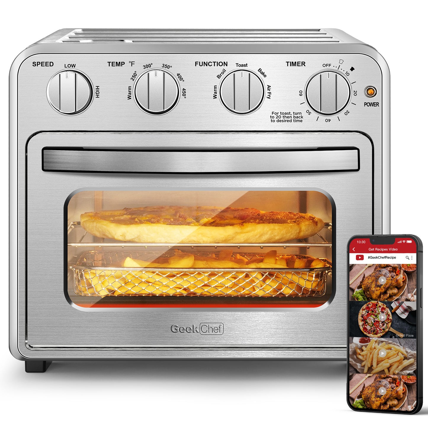 Geek Chef Air Fryer Toaster Oven Combo, 4 Slice Toaster Convection Oven Warm, Broil, Toast, Bake, Oil-Free, Accessories Included, Stainless Steel, Silver(16QT Air Fryer Oven) Ban on Amazon, Temu