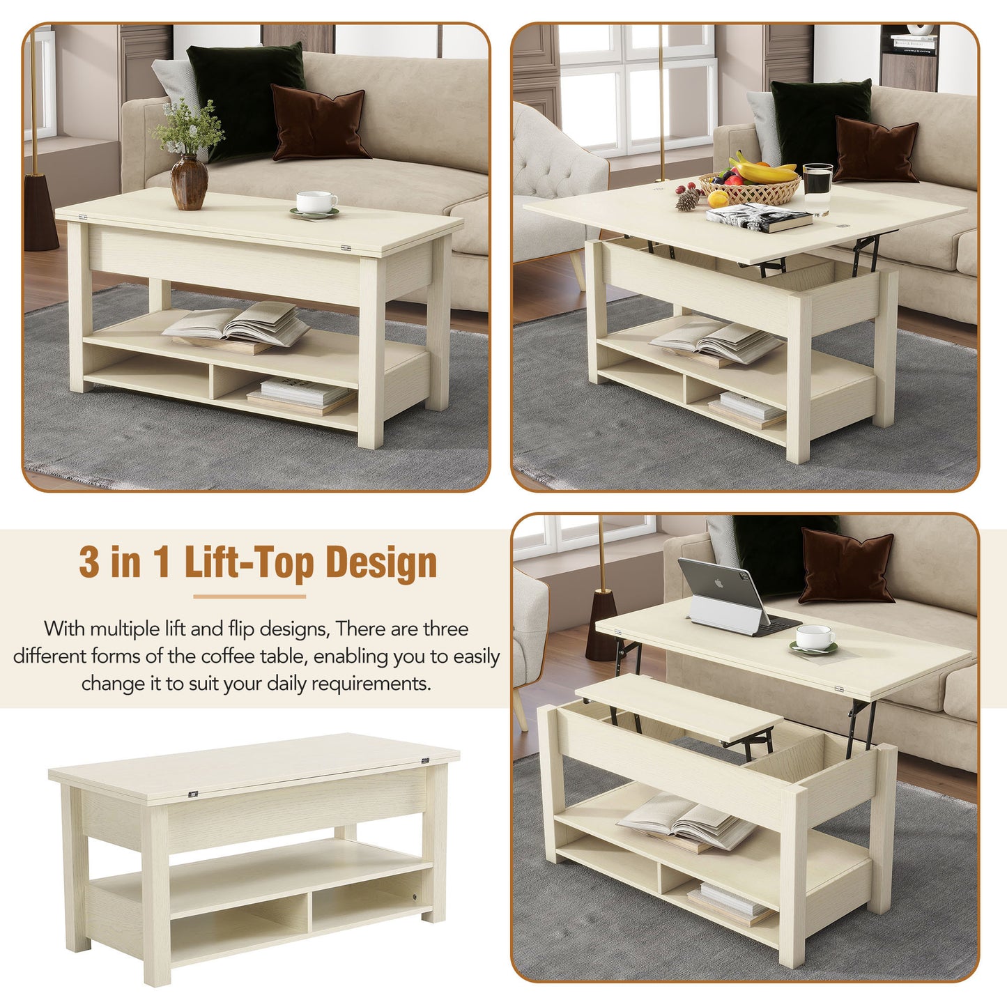 ON-TREND Lift Top Coffee Table, Multi-Functional Coffee Table with Open Shelves, Modern Lift Tabletop Dining Table for Living Room, Home Office, Rustic Ivory