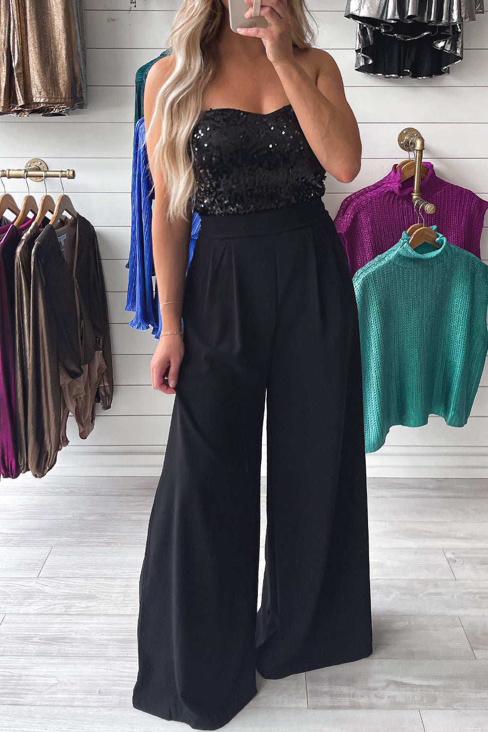 SEXY BUST huggin, BUTT huggin Black Sequin Tube Top Wide Leg Jumpsuit