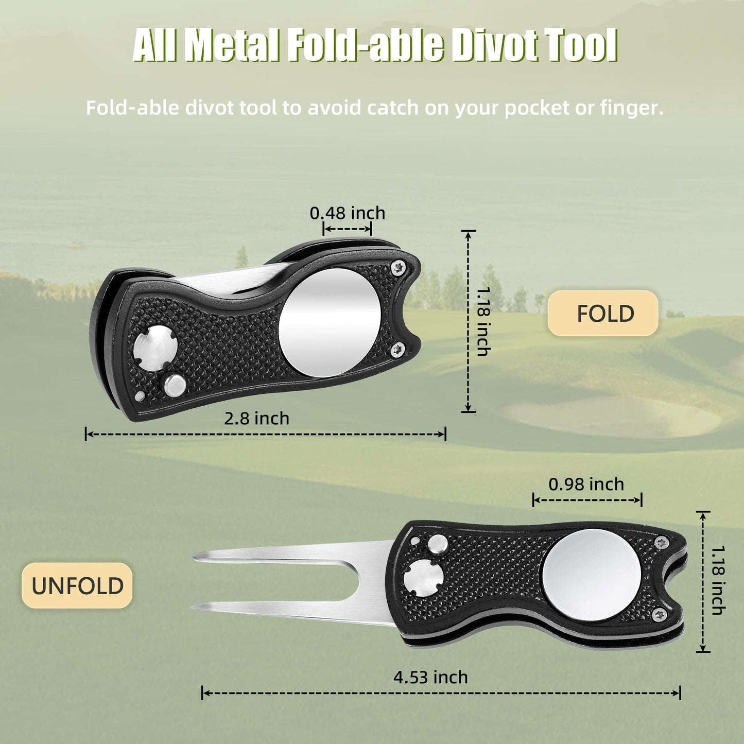 Mile High Life 4 Pieces Golf Divot Repair Tool w Magnetic Golf Ball Marker | All Metal Foldable Divot Tool w Pop-up Button | Golf Accessories for Men