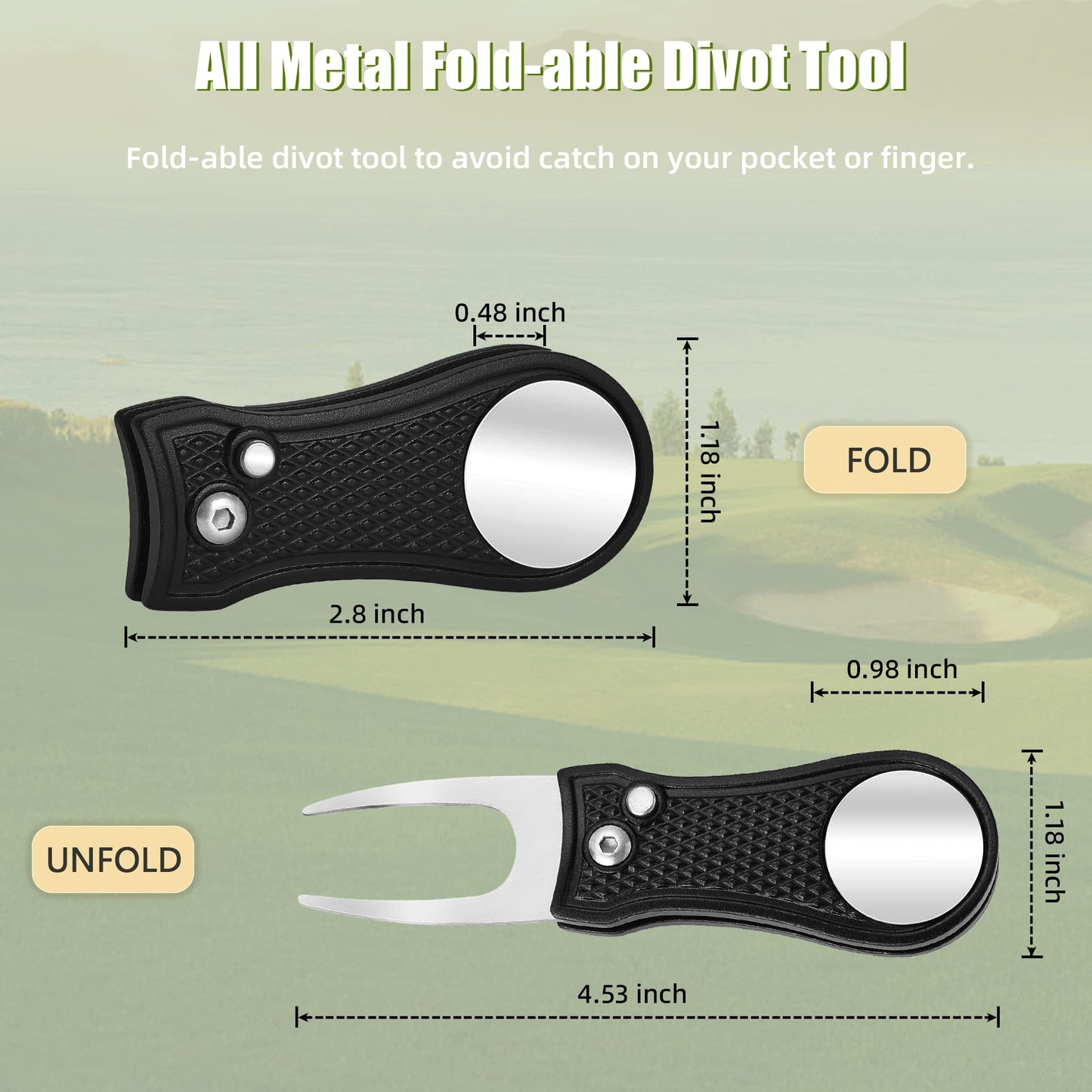 Mile High Life 4 Pieces Golf Divot Repair Tool w Magnetic Golf Ball Marker | All Metal Foldable Divot Tool w Pop-up Button | Golf Accessories for Men