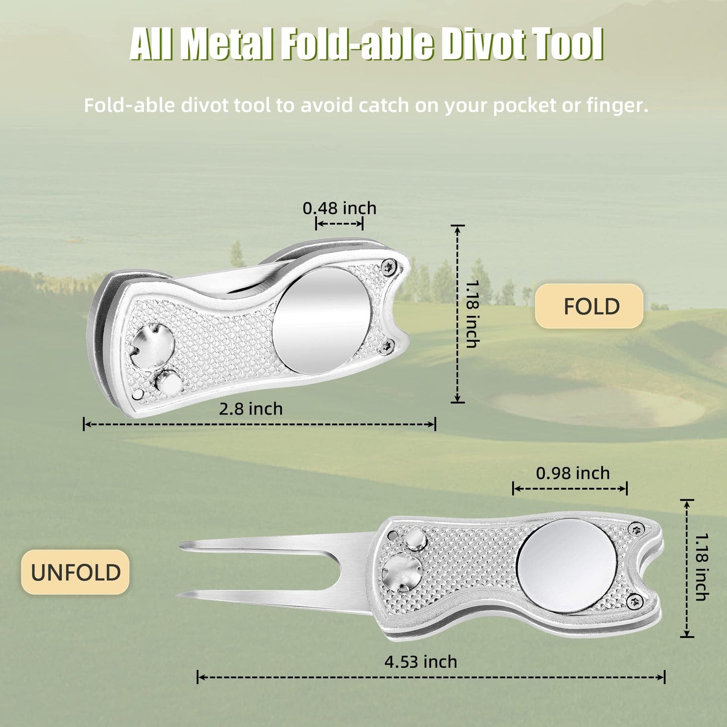 Mile High Life 4 Pieces Golf Divot Repair Tool w Magnetic Golf Ball Marker | All Metal Foldable Divot Tool w Pop-up Button | Golf Accessories for Men