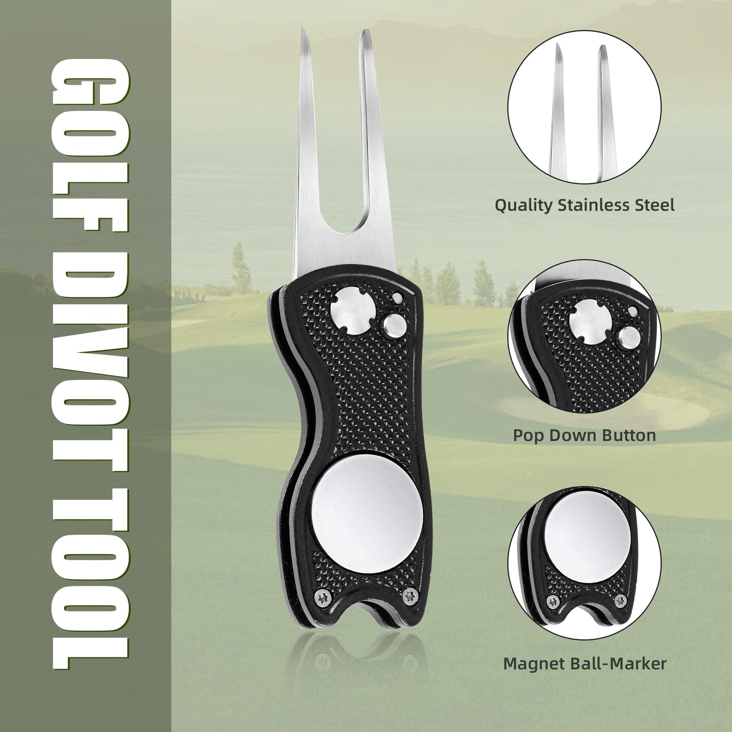 Mile High Life 4 Pieces Golf Divot Repair Tool w Magnetic Golf Ball Marker | All Metal Foldable Divot Tool w Pop-up Button | Golf Accessories for Men