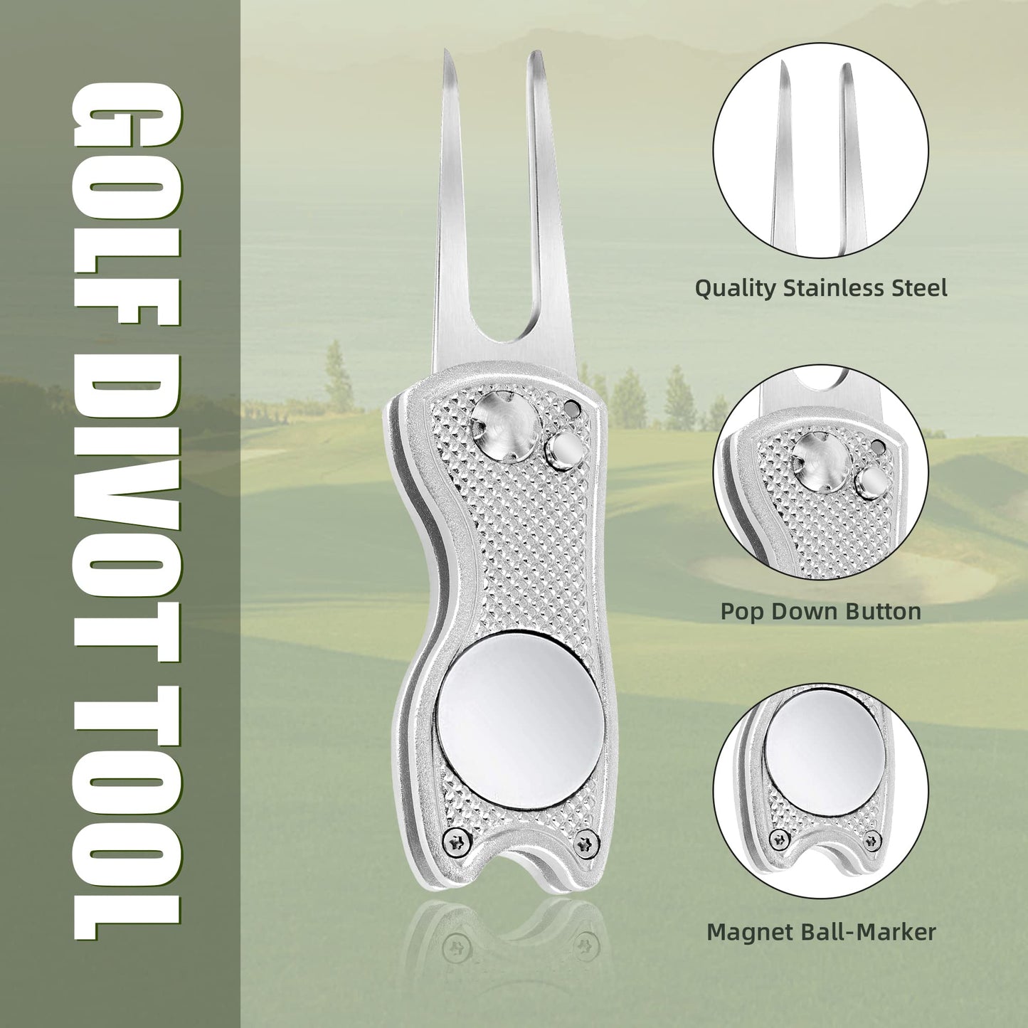 Mile High Life 4 Pieces Golf Divot Repair Tool w Magnetic Golf Ball Marker | All Metal Foldable Divot Tool w Pop-up Button | Golf Accessories for Men