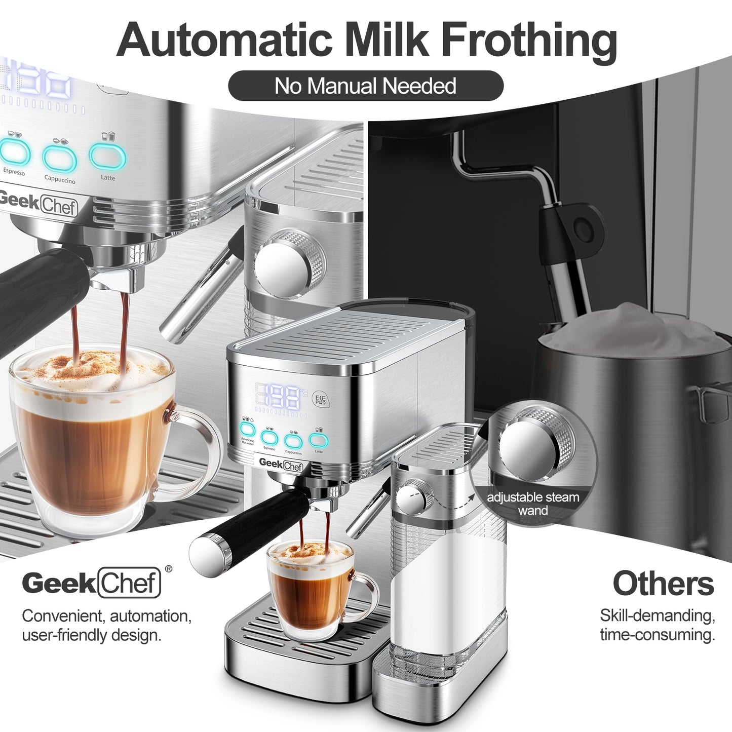 Geek Chef Espresso and Cappuccino Machine with Automatic Milk Frother,20Bar Espresso Maker for Home, for Cappuccino or Latte,with ESE POD filter, Stainless Steel, Gift for Coffee Lover Ban on Amazon