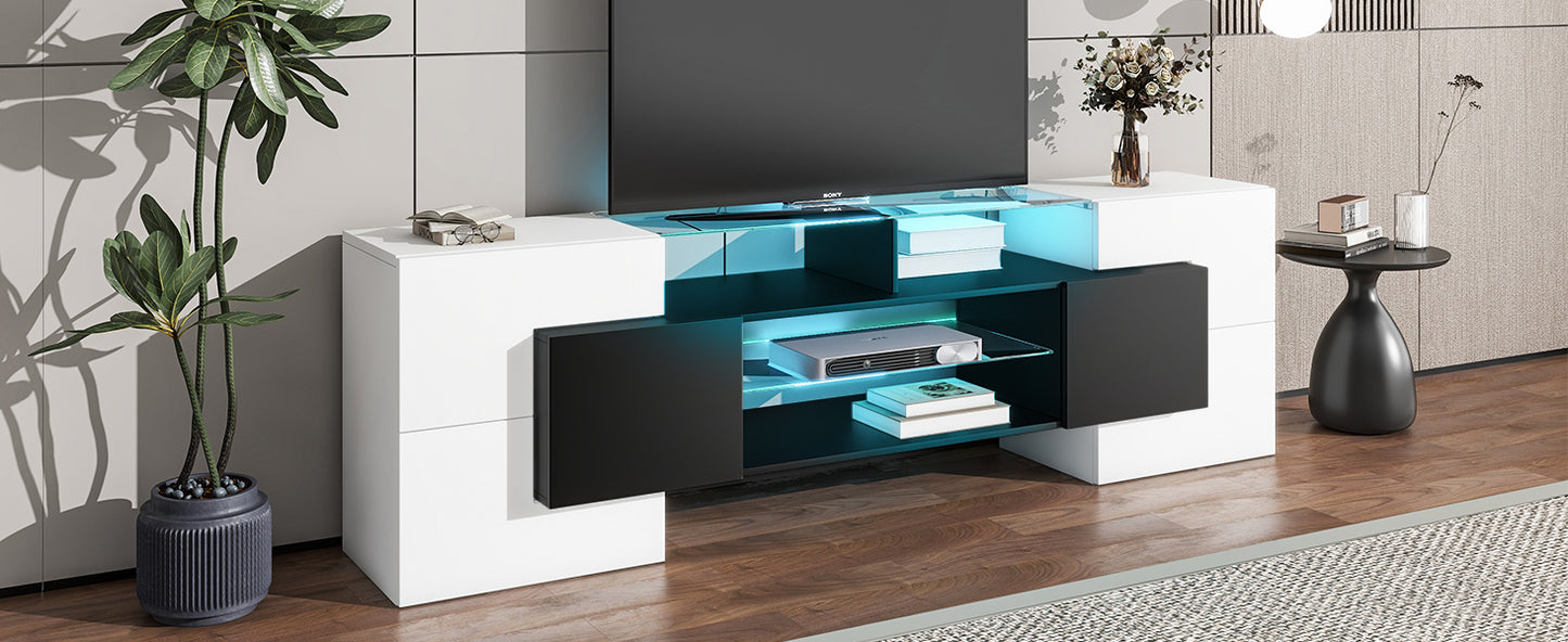 ON-TREND Unique Shape TV Stand with 2 Illuminated Glass Shelves, High Gloss Entertainment Center for TVs Up to 80", Versatile TV Cabinet with LED Color Changing Lights for Living Room, Black&White