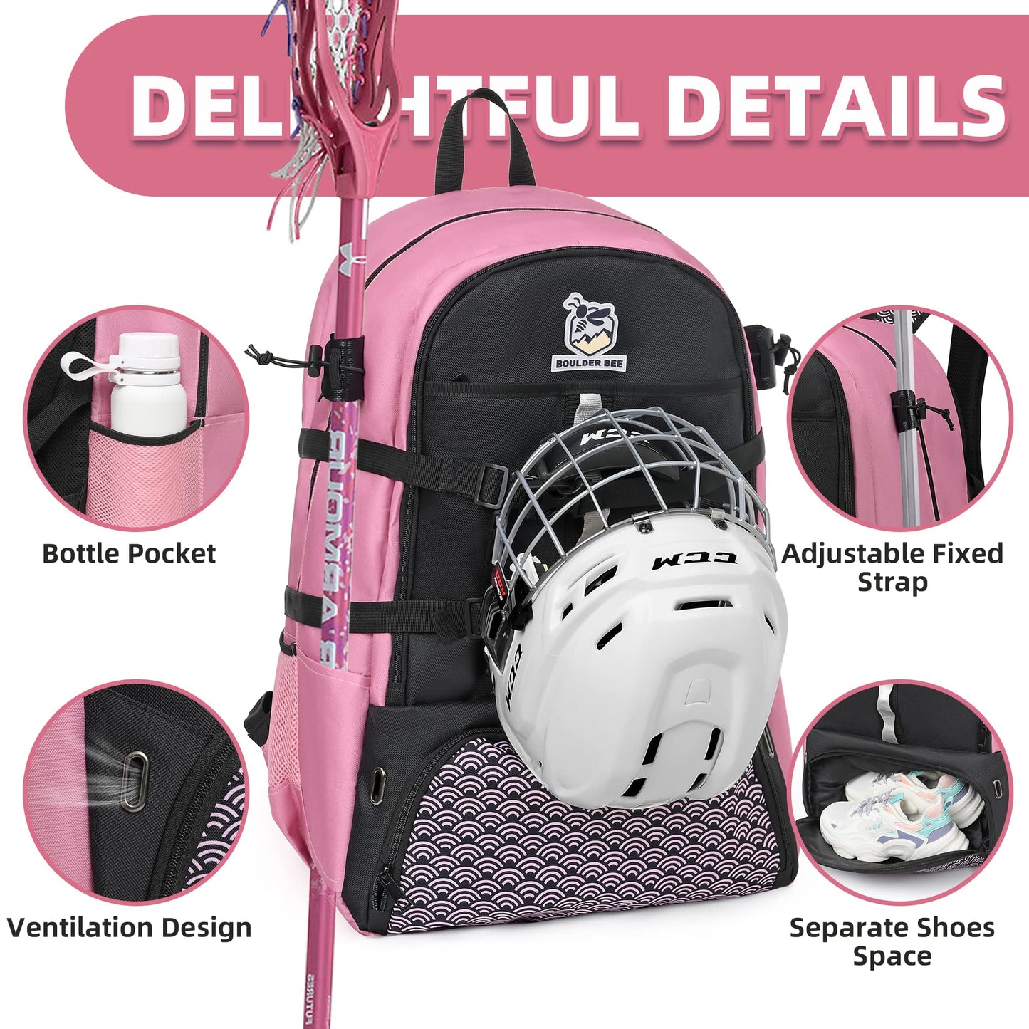 BOULDER BEE | Lacrosse Backpack | Lacrosse Bags with Stick Holders | Field Hockey Bag | Lacrosse Gift for Women