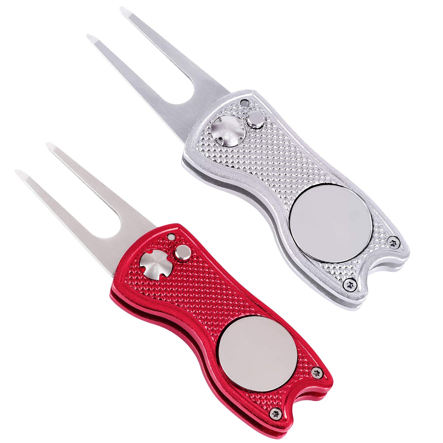 Mile High Life 4 Pieces Golf Divot Repair Tool w Magnetic Golf Ball Marker | All Metal Foldable Divot Tool w Pop-up Button | Golf Accessories for Men