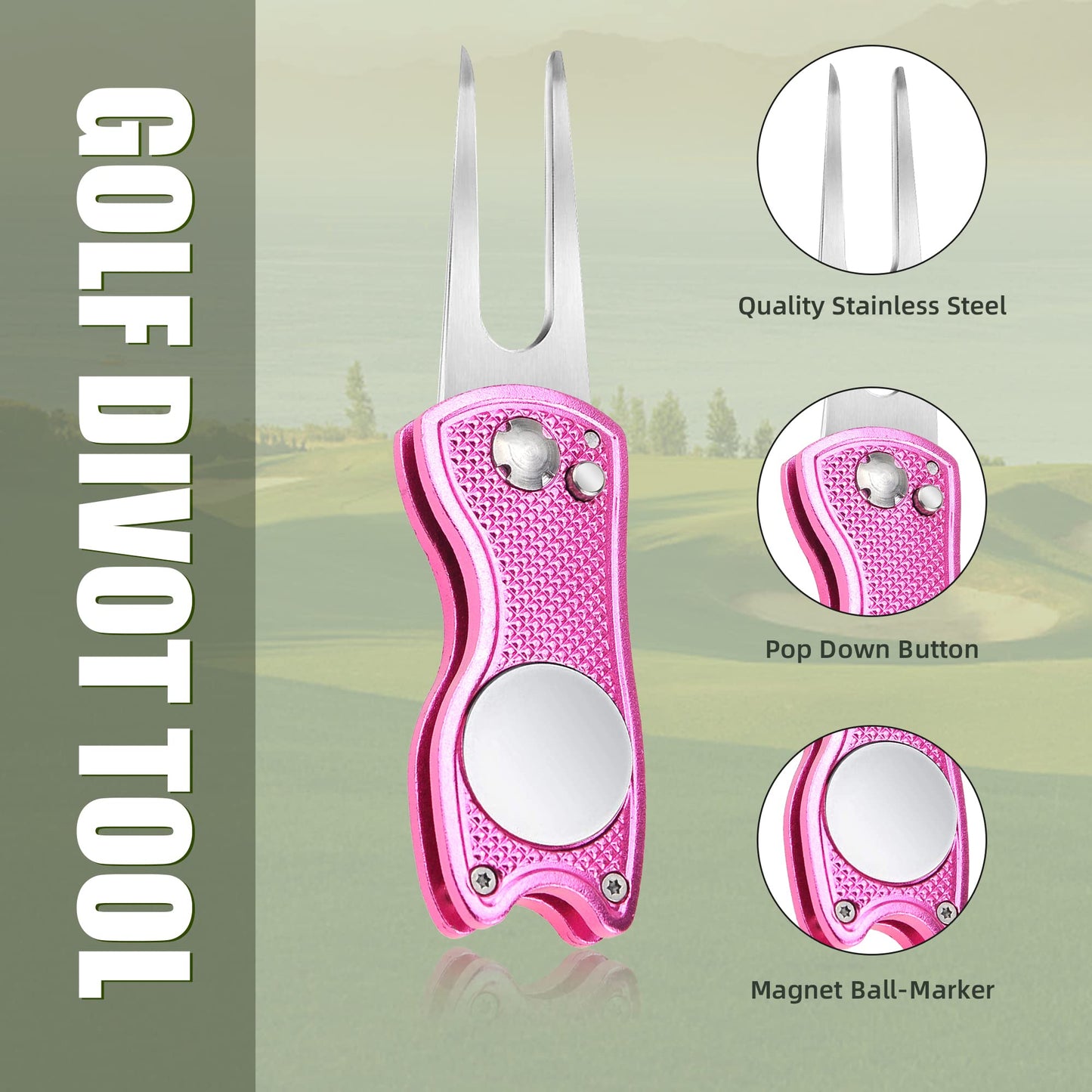 Mile High Life 4 Pieces Golf Divot Repair Tool w Magnetic Golf Ball Marker | All Metal Foldable Divot Tool w Pop-up Button | Golf Accessories for Men