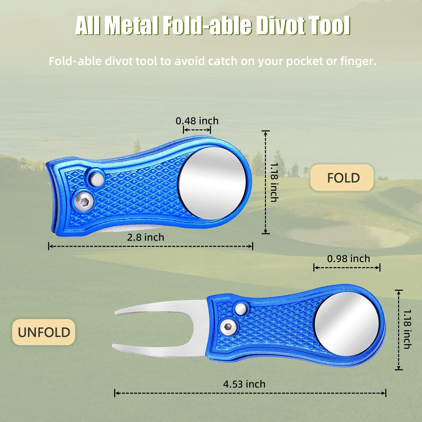 Mile High Life 4 Pieces Golf Divot Repair Tool w Magnetic Golf Ball Marker | All Metal Foldable Divot Tool w Pop-up Button | Golf Accessories for Men