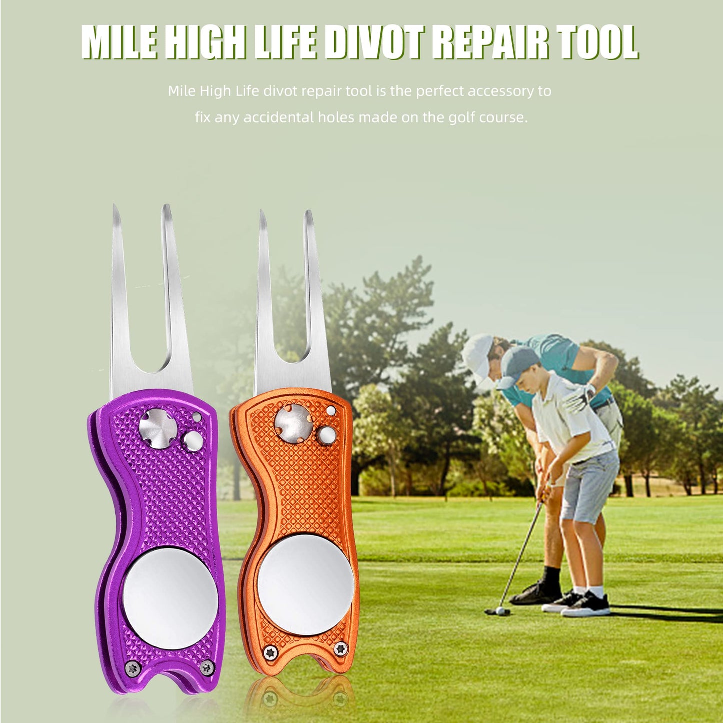 Mile High Life 4 Pieces Golf Divot Repair Tool w Magnetic Golf Ball Marker | All Metal Foldable Divot Tool w Pop-up Button | Golf Accessories for Men