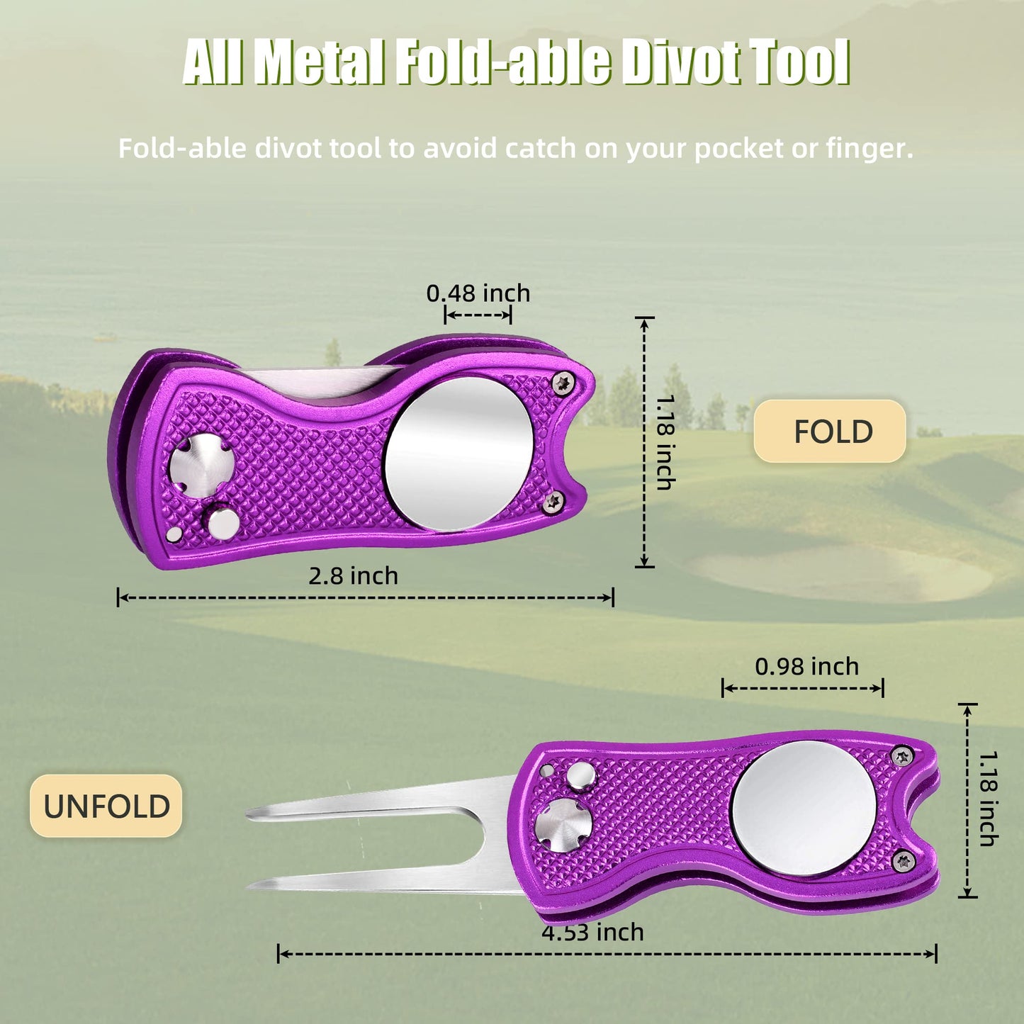 Mile High Life 4 Pieces Golf Divot Repair Tool w Magnetic Golf Ball Marker | All Metal Foldable Divot Tool w Pop-up Button | Golf Accessories for Men