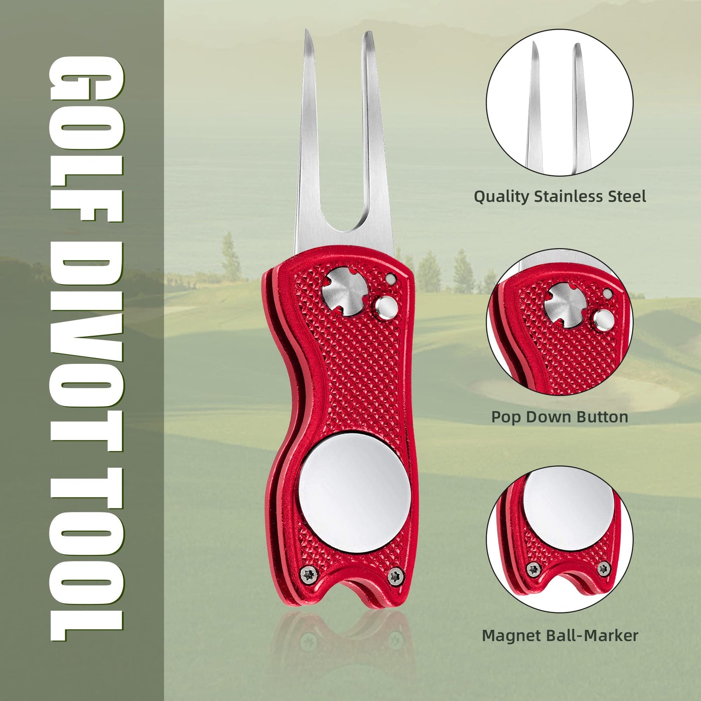 Mile High Life 4 Pieces Golf Divot Repair Tool w Magnetic Golf Ball Marker | All Metal Foldable Divot Tool w Pop-up Button | Golf Accessories for Men