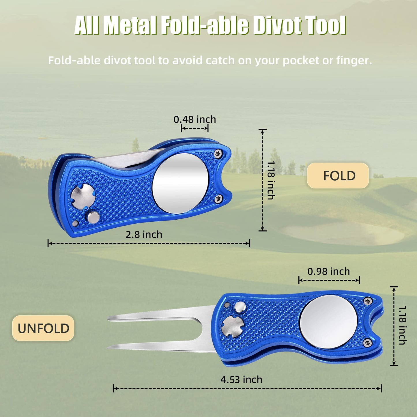 Mile High Life 4 Pieces Golf Divot Repair Tool w Magnetic Golf Ball Marker | All Metal Foldable Divot Tool w Pop-up Button | Golf Accessories for Men