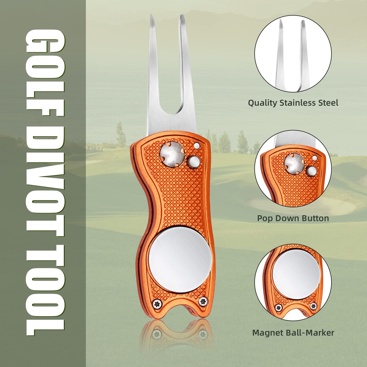 Mile High Life 4 Pieces Golf Divot Repair Tool w Magnetic Golf Ball Marker | All Metal Foldable Divot Tool w Pop-up Button | Golf Accessories for Men