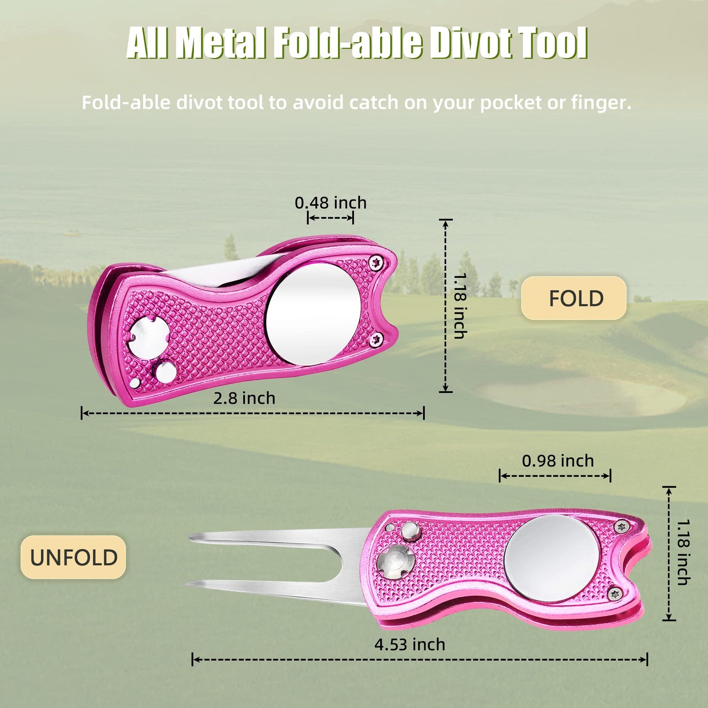 Mile High Life 4 Pieces Golf Divot Repair Tool w Magnetic Golf Ball Marker | All Metal Foldable Divot Tool w Pop-up Button | Golf Accessories for Men