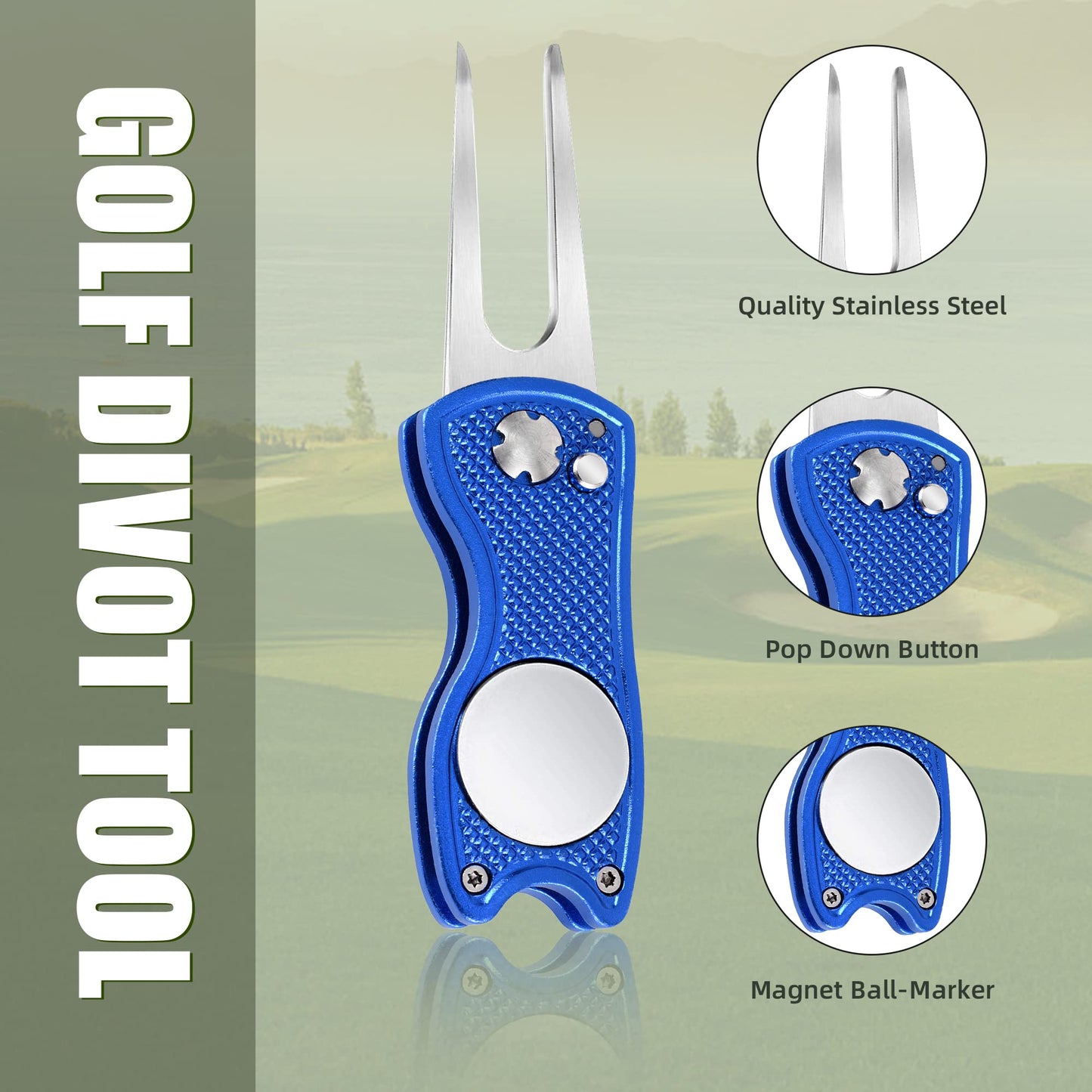 Mile High Life 4 Pieces Golf Divot Repair Tool w Magnetic Golf Ball Marker | All Metal Foldable Divot Tool w Pop-up Button | Golf Accessories for Men