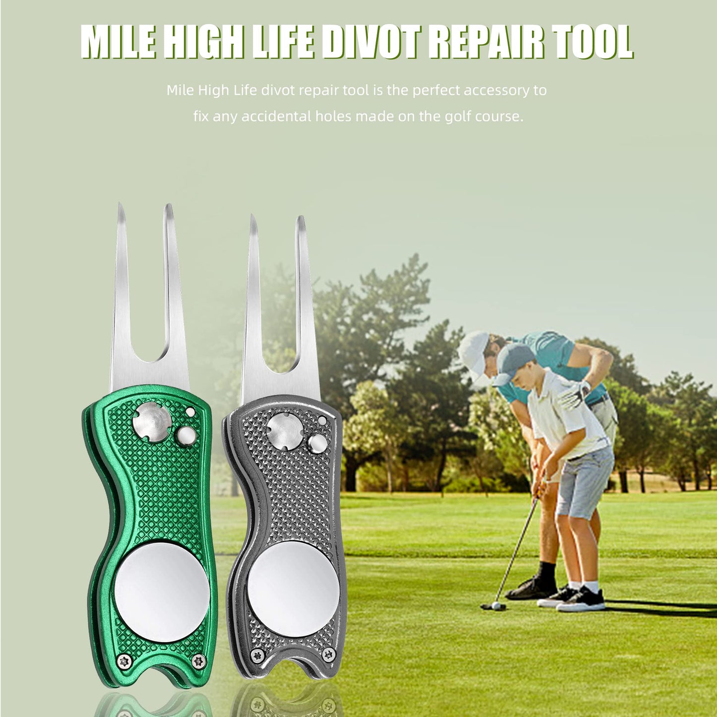 Mile High Life 4 Pieces Golf Divot Repair Tool w Magnetic Golf Ball Marker | All Metal Foldable Divot Tool w Pop-up Button | Golf Accessories for Men