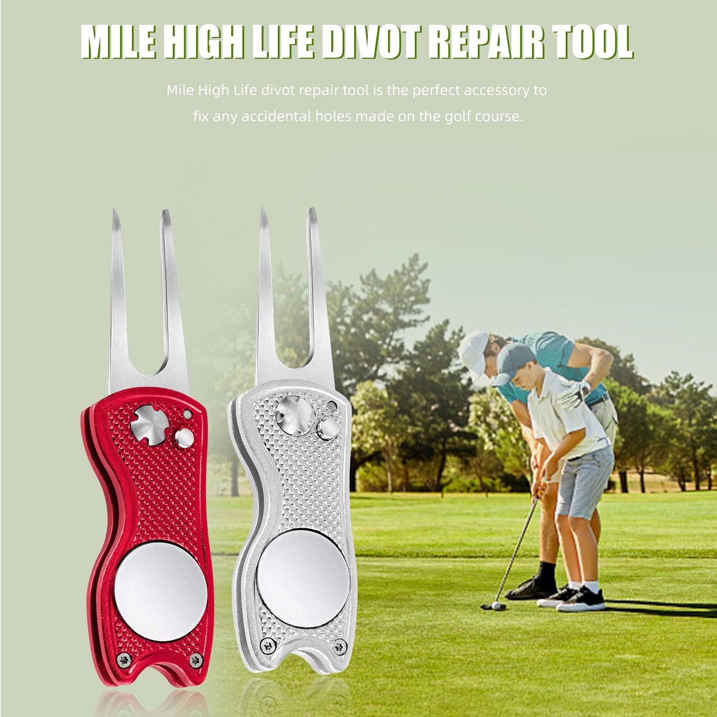 Mile High Life 4 Pieces Golf Divot Repair Tool w Magnetic Golf Ball Marker | All Metal Foldable Divot Tool w Pop-up Button | Golf Accessories for Men