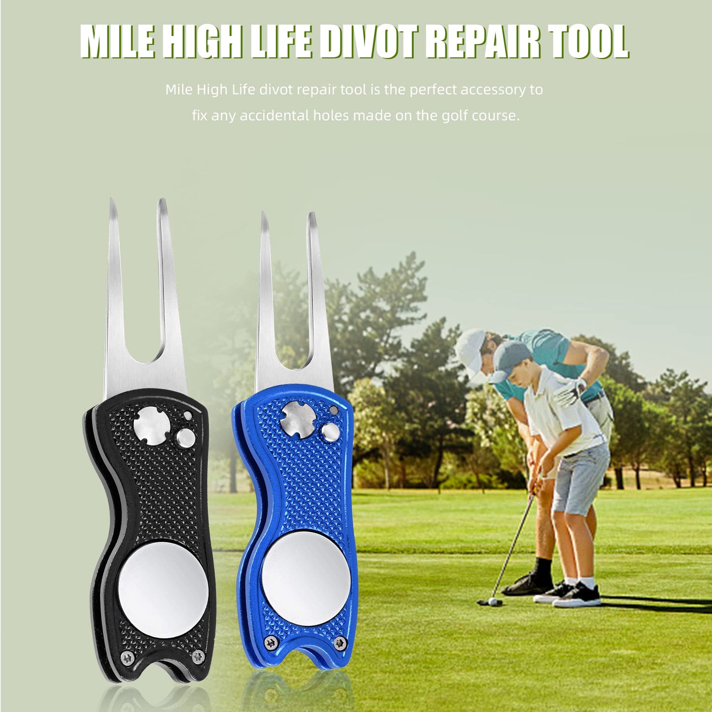 Mile High Life 4 Pieces Golf Divot Repair Tool w Magnetic Golf Ball Marker | All Metal Foldable Divot Tool w Pop-up Button | Golf Accessories for Men