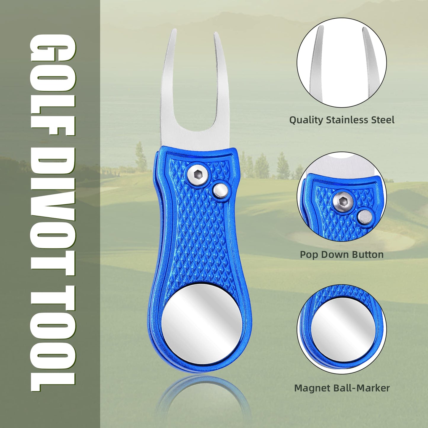 Mile High Life 4 Pieces Golf Divot Repair Tool w Magnetic Golf Ball Marker | All Metal Foldable Divot Tool w Pop-up Button | Golf Accessories for Men