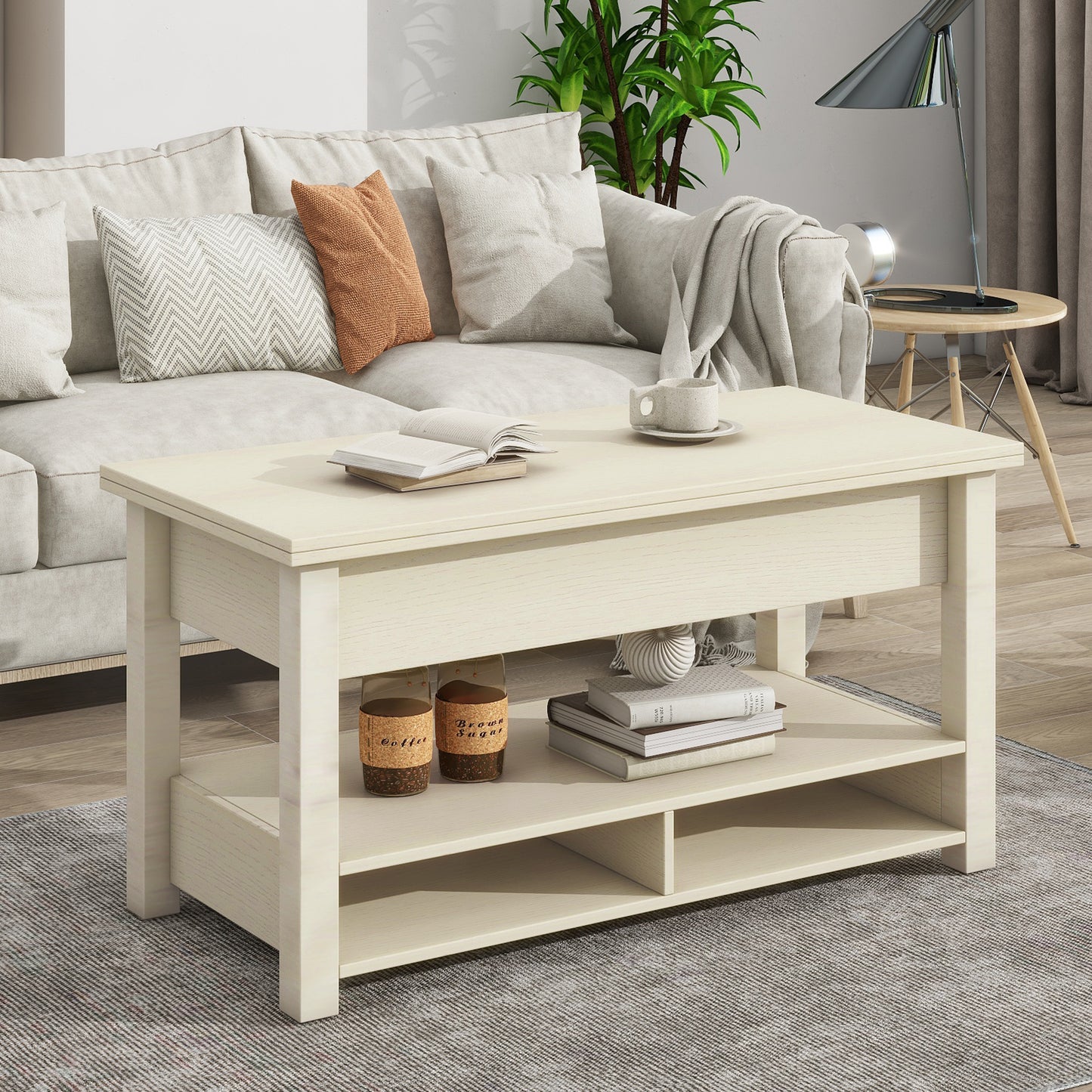 ON-TREND Lift Top Coffee Table, Multi-Functional Coffee Table with Open Shelves, Modern Lift Tabletop Dining Table for Living Room, Home Office, Rustic Ivory