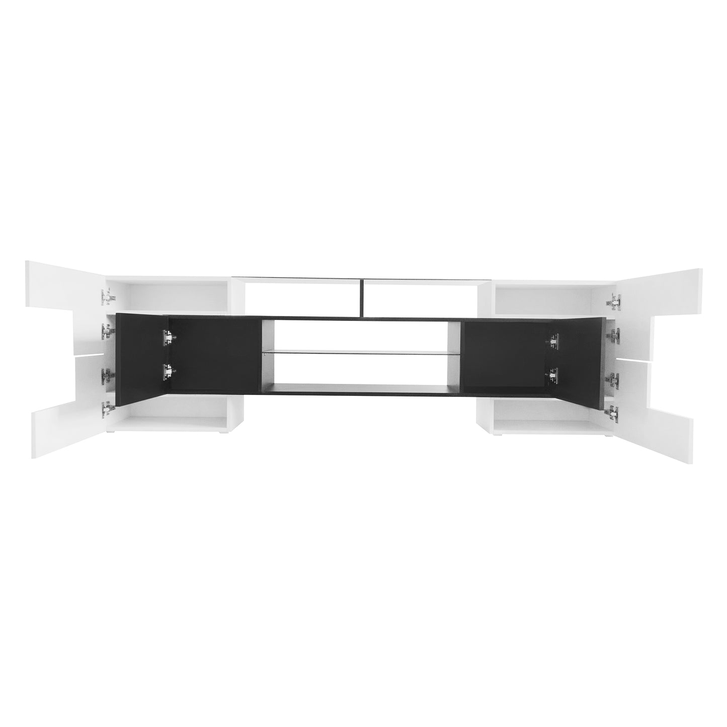 ON-TREND Unique Shape TV Stand with 2 Illuminated Glass Shelves, High Gloss Entertainment Center for TVs Up to 80", Versatile TV Cabinet with LED Color Changing Lights for Living Room, Black&White