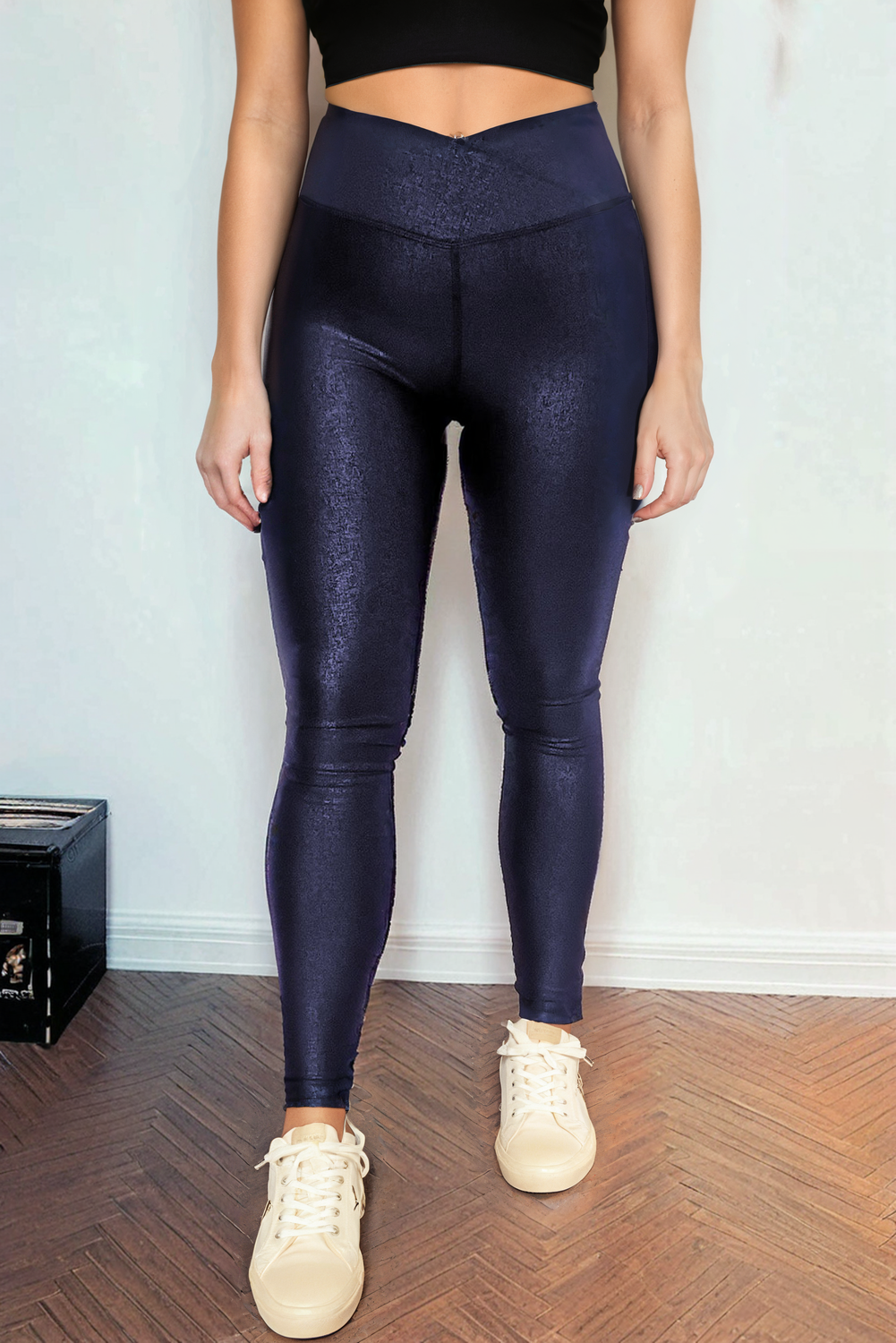 Body huggin Navy Blue Crossed Dip Waist Sleek Leather Leggings