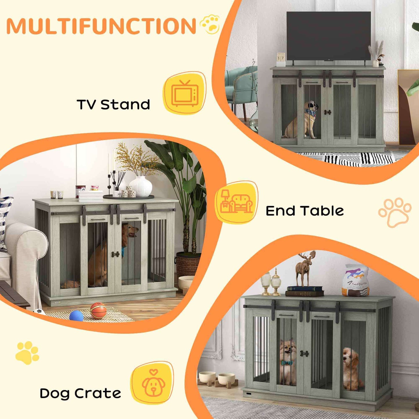 PawHut Dog Crate Furniture with Divider, Dog Crate End Table for Small to Large Dogs, Large Indoor Dog Kennel with Double Doors, 47"W x 23.5"D x 35"H, Gray