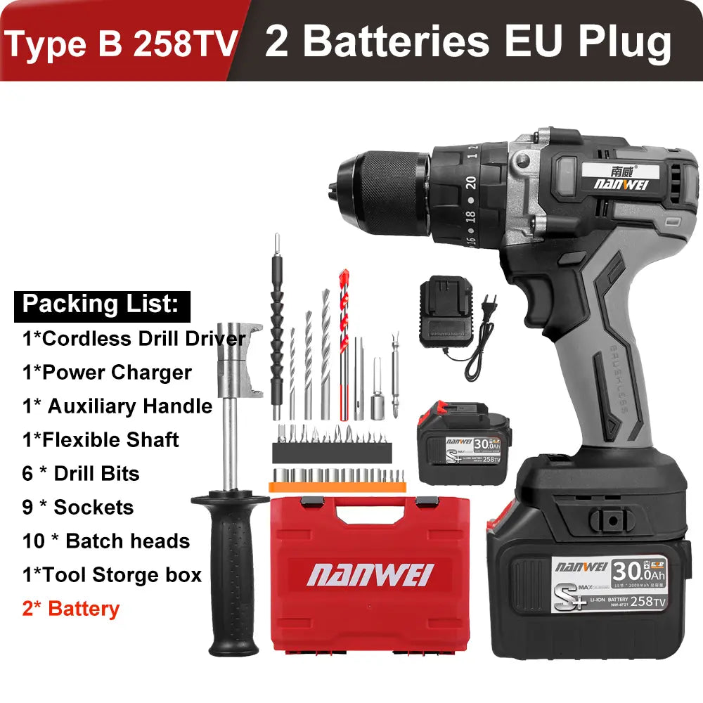 Home Cordless Electric Drill Driver 21V 30A Batteries Max Torque 200N.m Variable Speed Impact Hammer Drill Electric Screwdriver