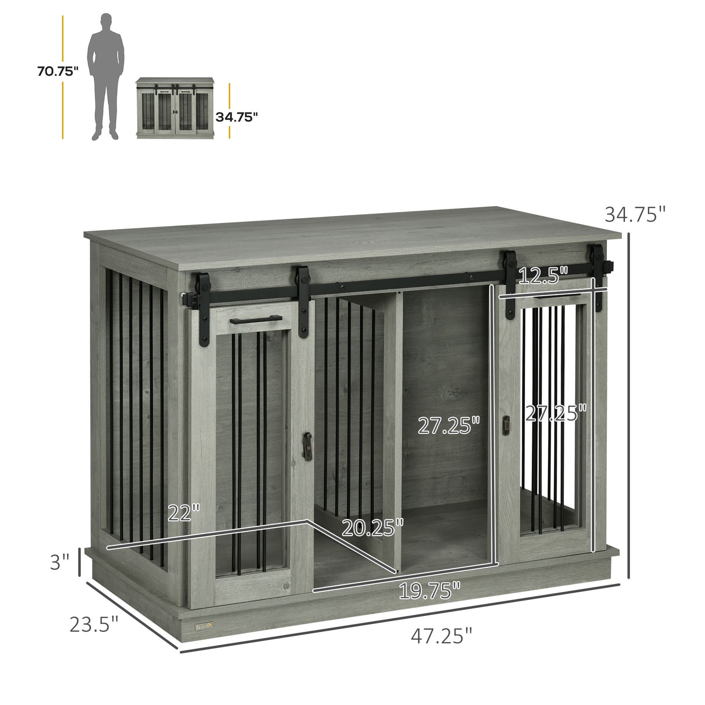 PawHut Dog Crate Furniture with Divider, Dog Crate End Table for Small to Large Dogs, Large Indoor Dog Kennel with Double Doors, 47"W x 23.5"D x 35"H, Gray