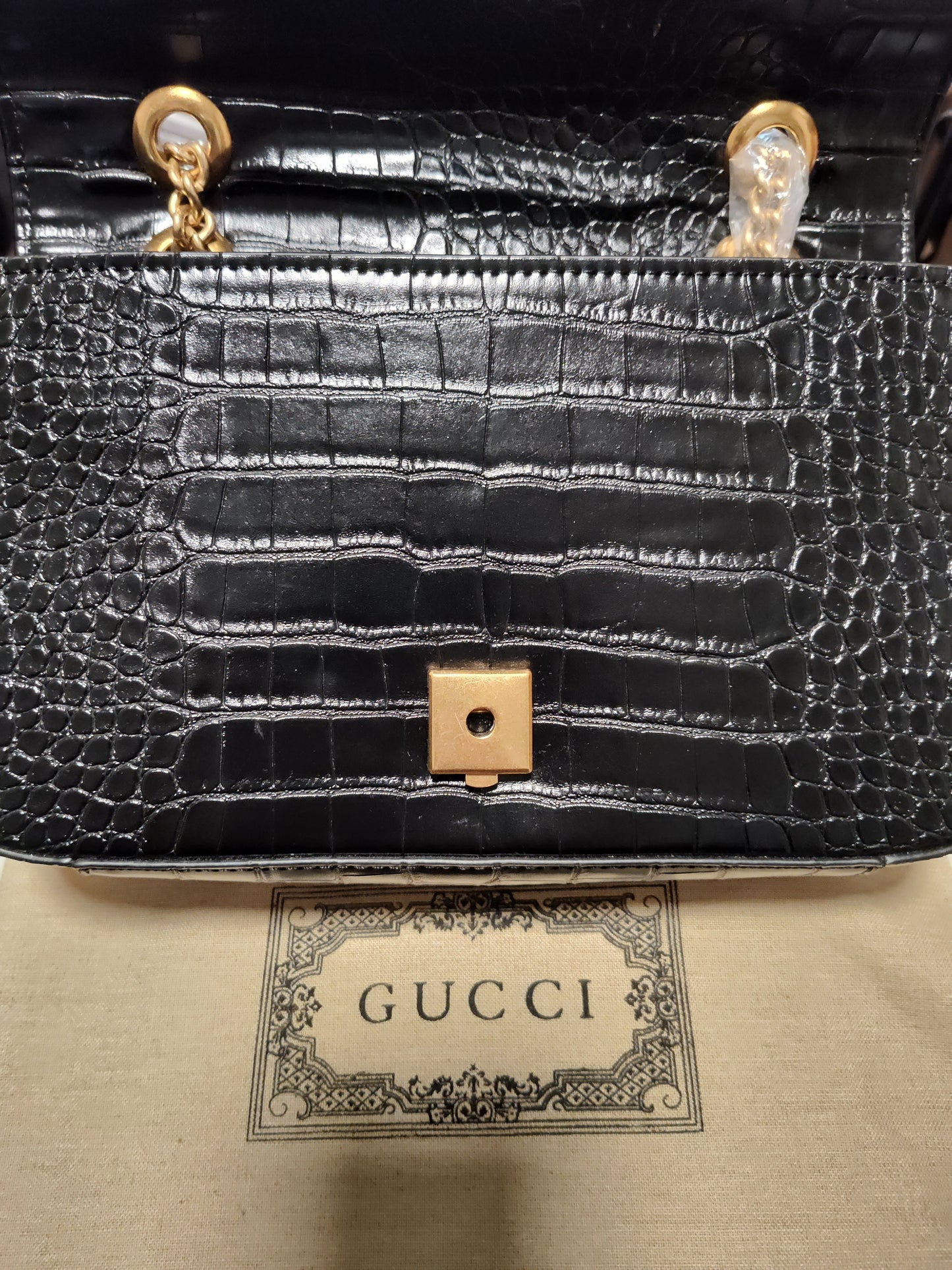 INSPIRED BY: Gucci Vintage Black Crocodile Flap Women's Shoulder Bag