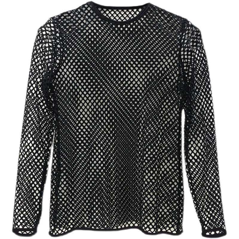 New round Neck Cut Out Long-Sleeved Mesh T-shirt Breathable Mesh Large Hole Fashion Trendy Fashionable Man Large Size Pullover Blouse