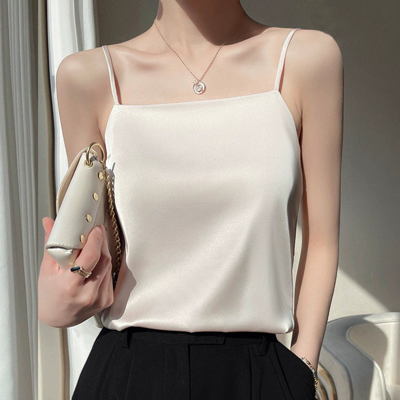 French Style Small Sling Vest Women's Outwear Beauty Back Suit Inner Wear Base Ice Silk Acetate Satin Silk Sexy Top