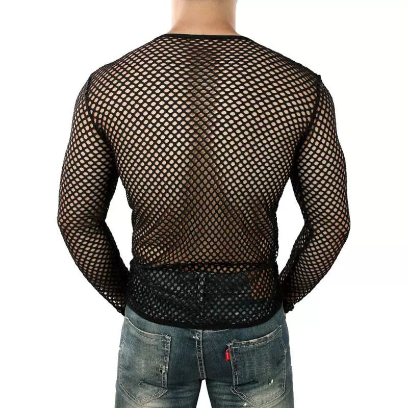 New round Neck Cut Out Long-Sleeved Mesh T-shirt Breathable Mesh Large Hole Fashion Trendy Fashionable Man Large Size Pullover Blouse