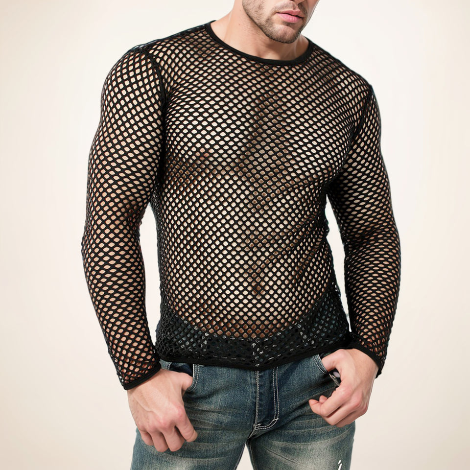 New round Neck Cut Out Long-Sleeved Mesh T-shirt Breathable Mesh Large Hole Fashion Trendy Fashionable Man Large Size Pullover Blouse