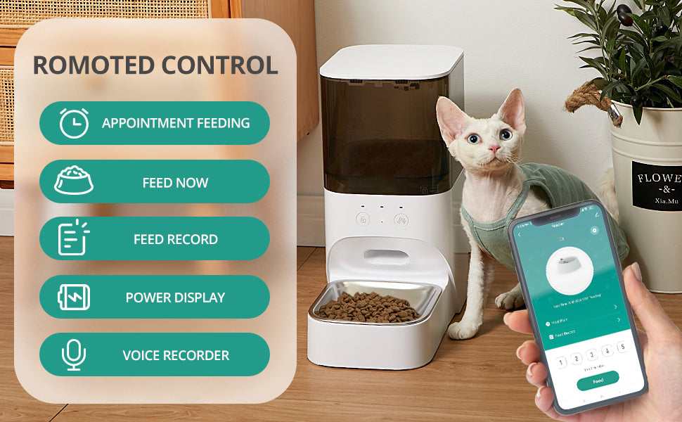 Automatic Cat Feeder, Timed Cat Feeder with APP Control, Dog Food Dispenser with Stainless Steel & Lock Lid, Up to 20 Portions 10 Meals Per Day, 30S Voice Recorder, 4L Programmable Pet Feeder