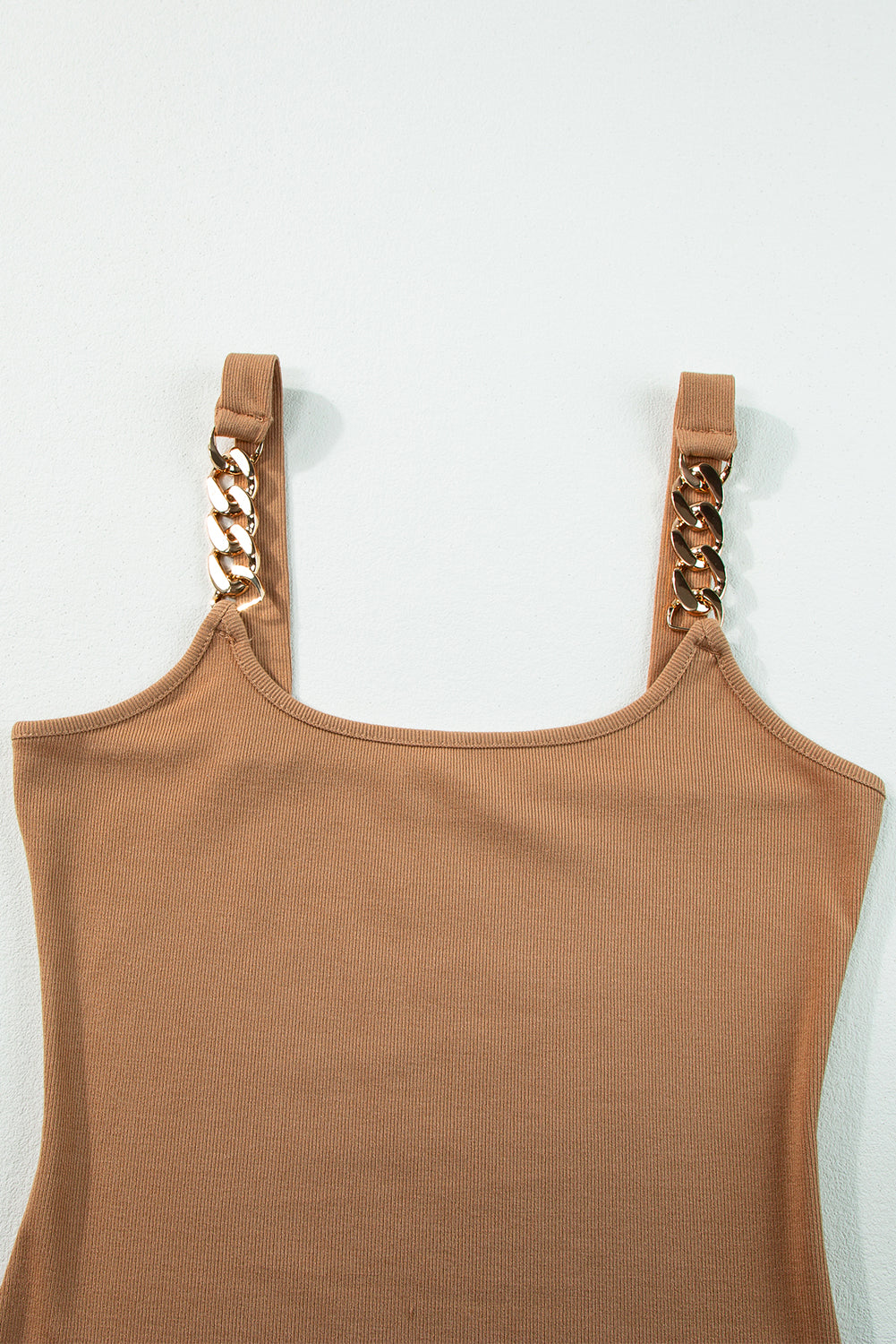 Make eyes turn with this Brown Gold Chain Straps Rib Knit Tank Top