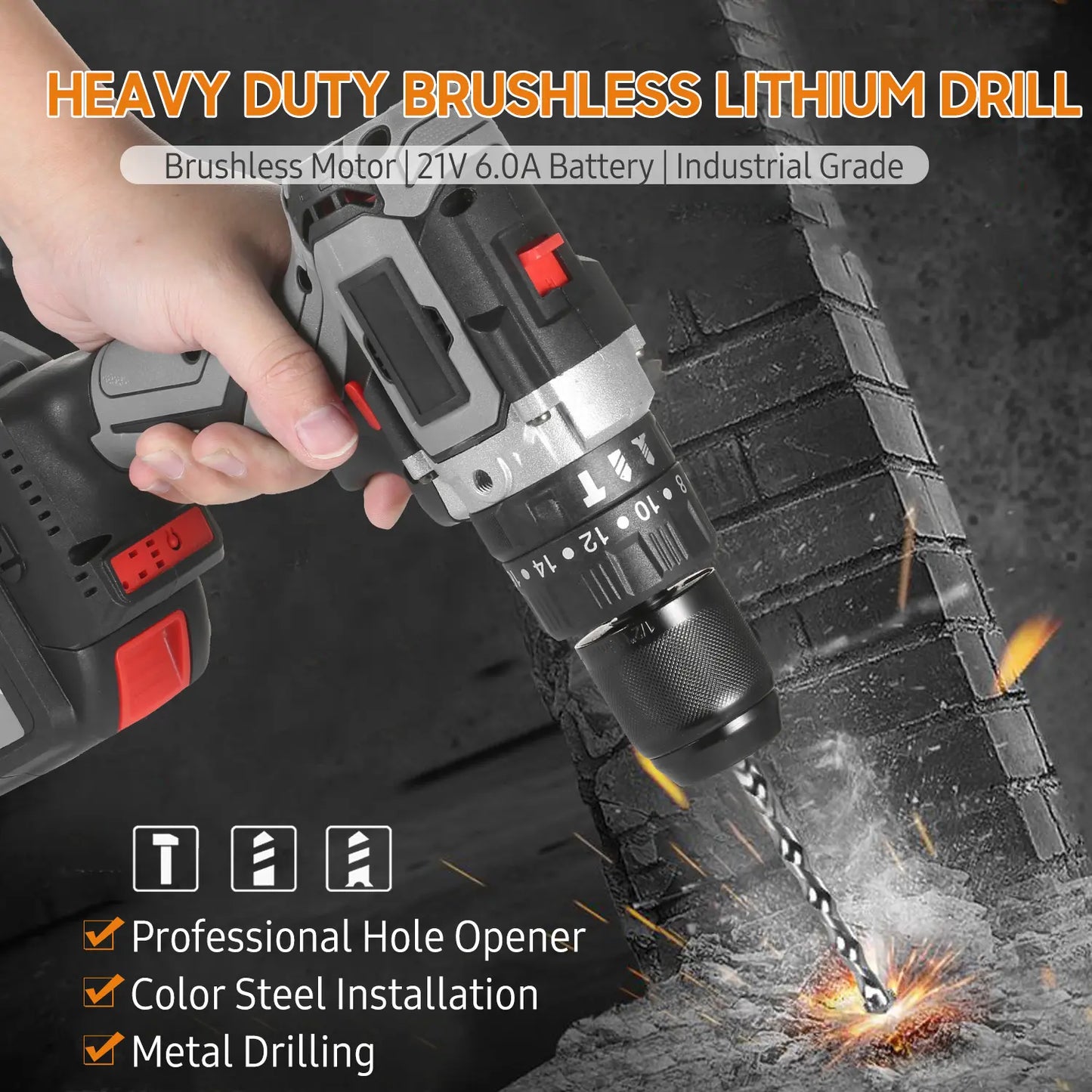 Home Cordless Electric Drill Driver 21V 30A Batteries Max Torque 200N.m Variable Speed Impact Hammer Drill Electric Screwdriver