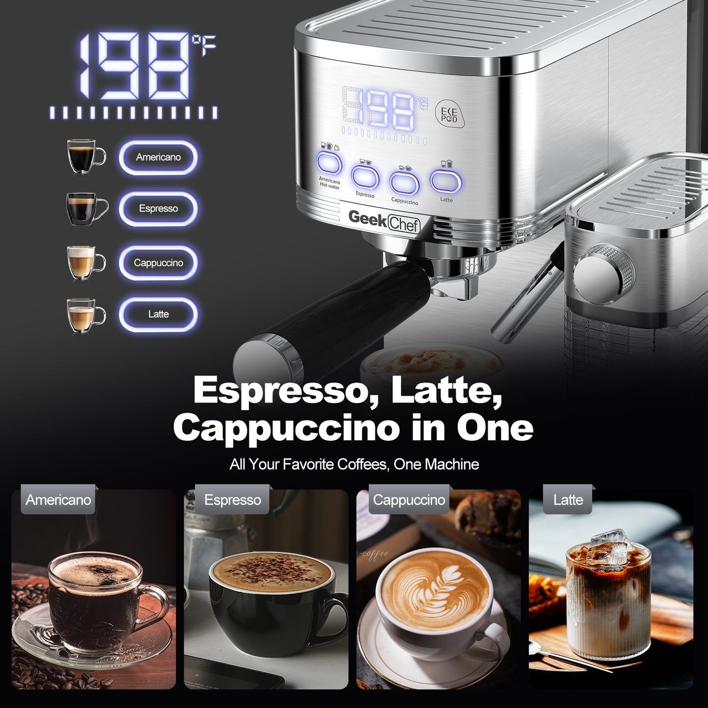 Geek Chef Espresso and Cappuccino Machine with Automatic Milk Frother,20Bar Espresso Maker for Home, for Cappuccino or Latte,with ESE POD filter, Stainless Steel, Gift for Coffee Lover Ban on Amazon