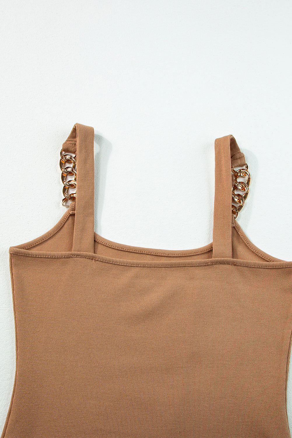 Make eyes turn with this Brown Gold Chain Straps Rib Knit Tank Top