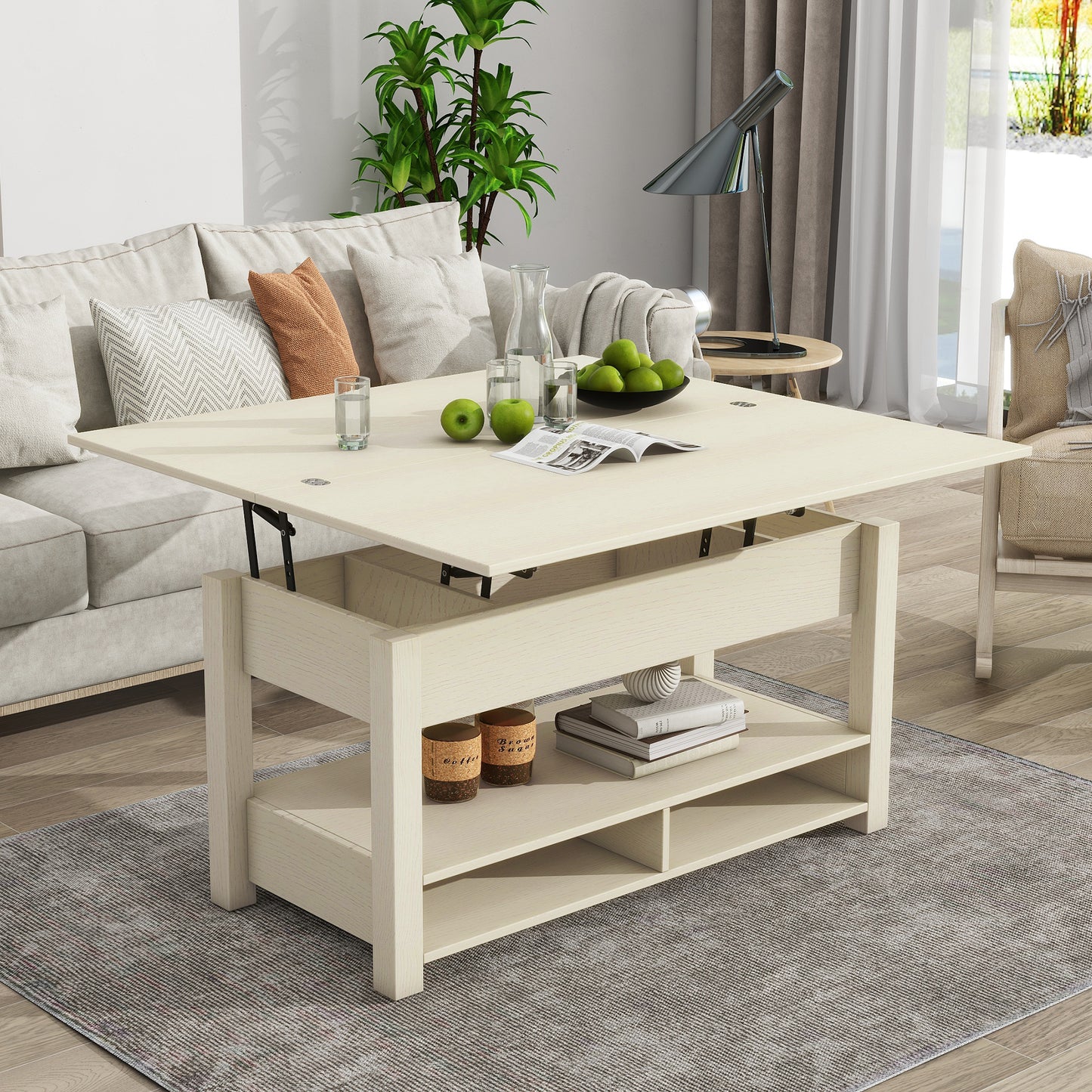 ON-TREND Lift Top Coffee Table, Multi-Functional Coffee Table with Open Shelves, Modern Lift Tabletop Dining Table for Living Room, Home Office, Rustic Ivory