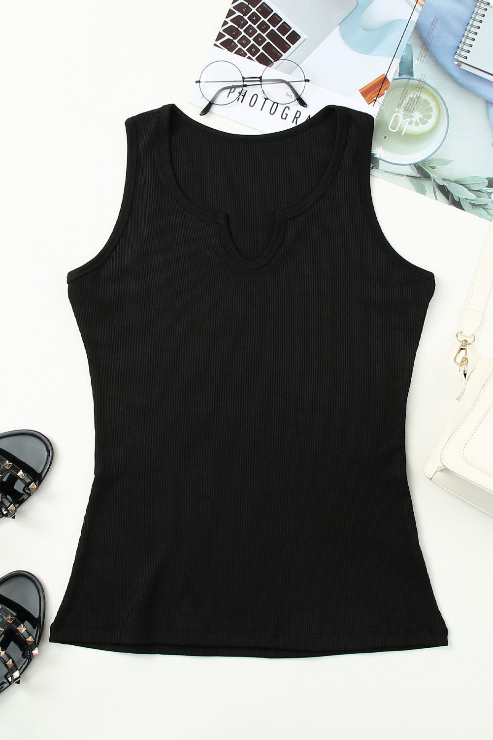 SEXY Black Split Neck Ribbed Knit Tank Top