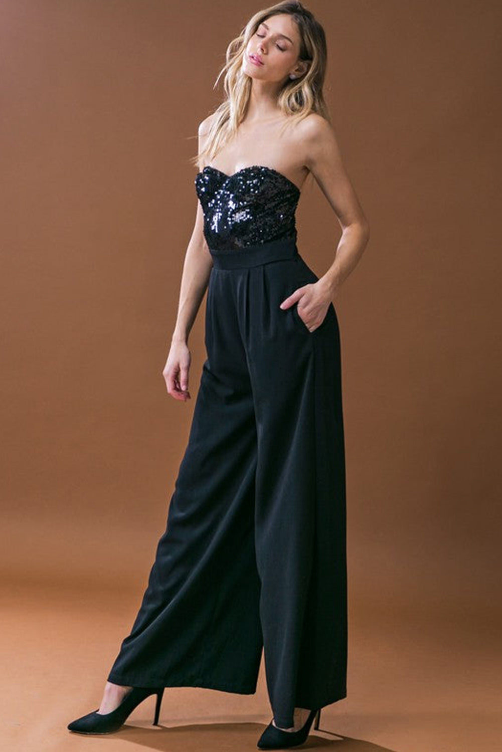 SEXY BUST huggin, BUTT huggin Black Sequin Tube Top Wide Leg Jumpsuit