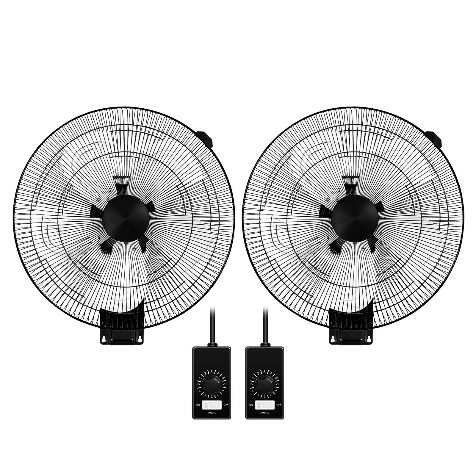 2Pack HealSmart 18 Inch Household Commercial Wall Mount Fan, 90 Degree Horizontal Oscillation, 5 Speed Settings, Black