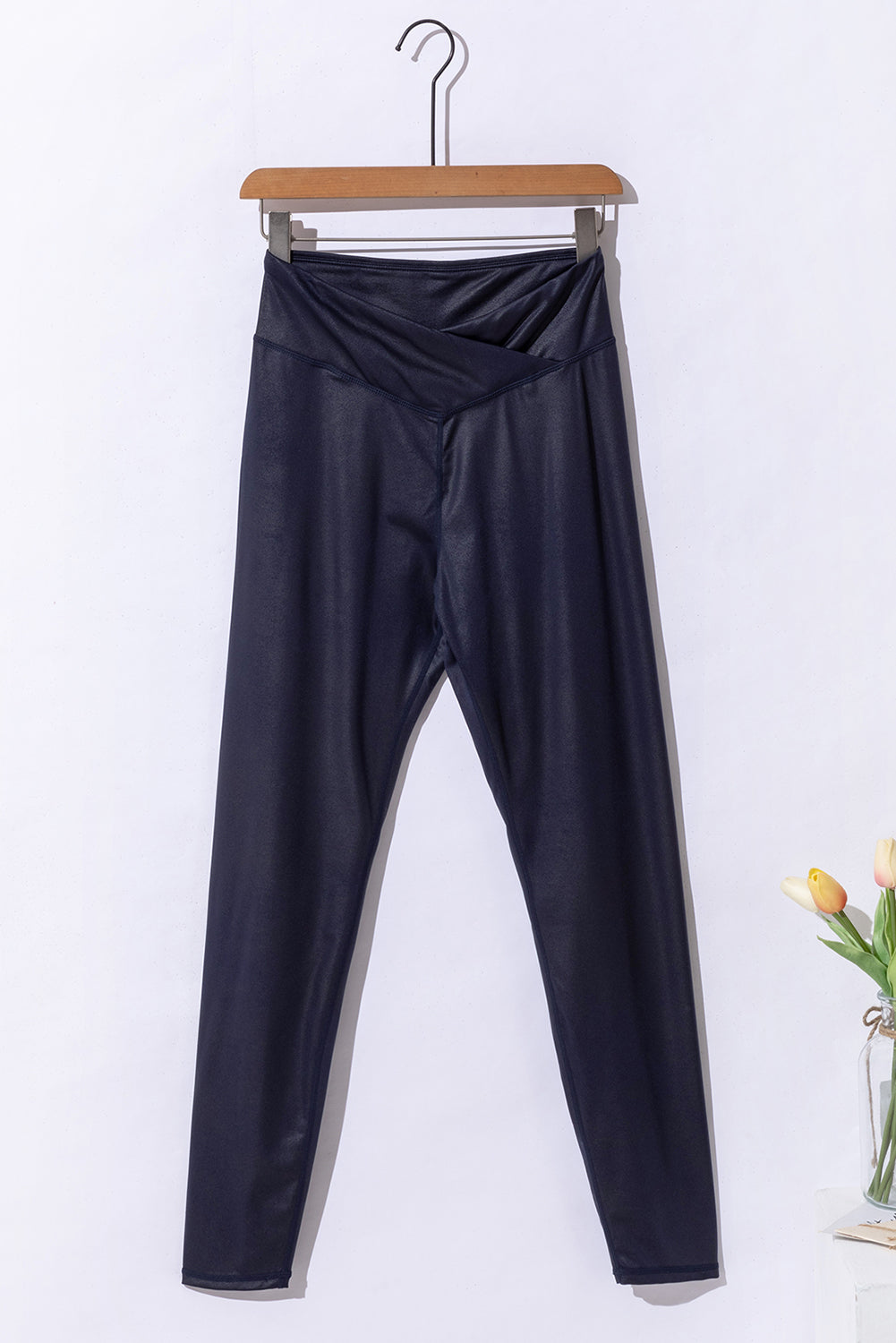 Body huggin Navy Blue Crossed Dip Waist Sleek Leather Leggings