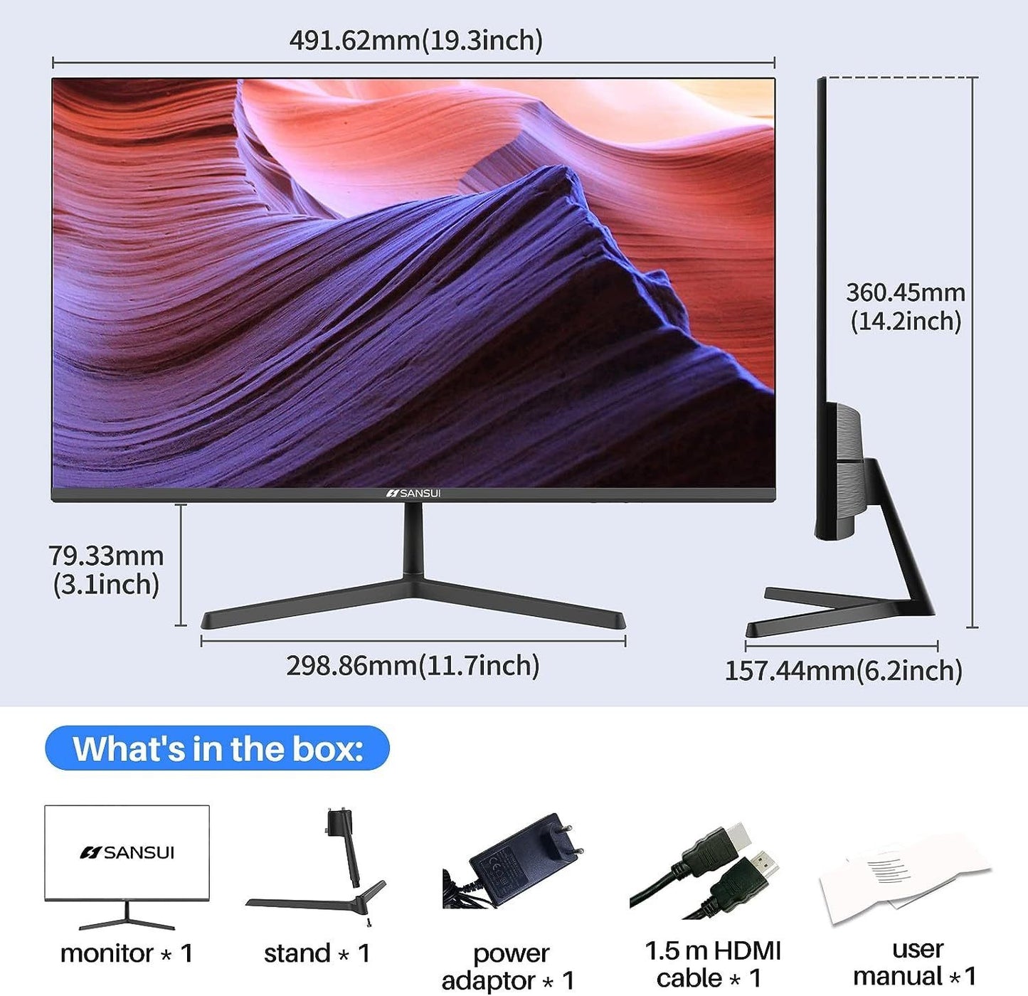 Sansui Monitor 22 Inch IPS 75Hz FHD 1080P HDMI VGA Ports Computer Monitor Ultra-Thin Tilt Adjustable VESA Mount Compatible with Eye Comfort 178° Wide Viewing Angle for Game and Office