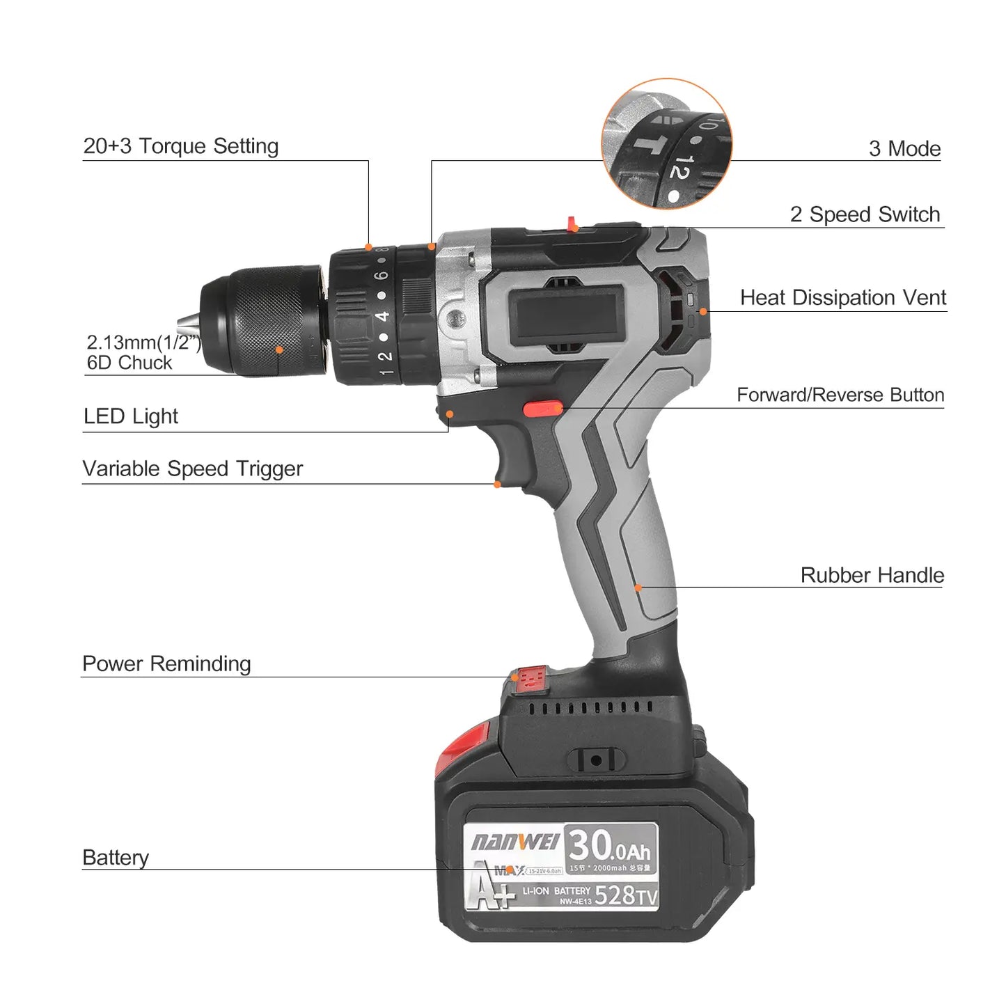 Home Cordless Electric Drill Driver 21V 30A Batteries Max Torque 200N.m Variable Speed Impact Hammer Drill Electric Screwdriver