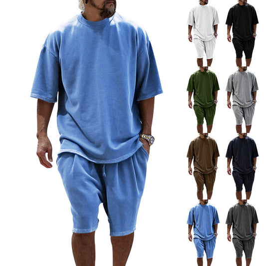 Men's Casual Loose Solid Color T-Shirt and Shorts Two-Piece Set