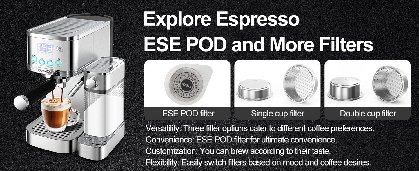 Geek Chef Espresso and Cappuccino Machine with Automatic Milk Frother,20Bar Espresso Maker for Home, for Cappuccino or Latte,with ESE POD filter, Stainless Steel, Gift for Coffee Lover Ban on Amazon